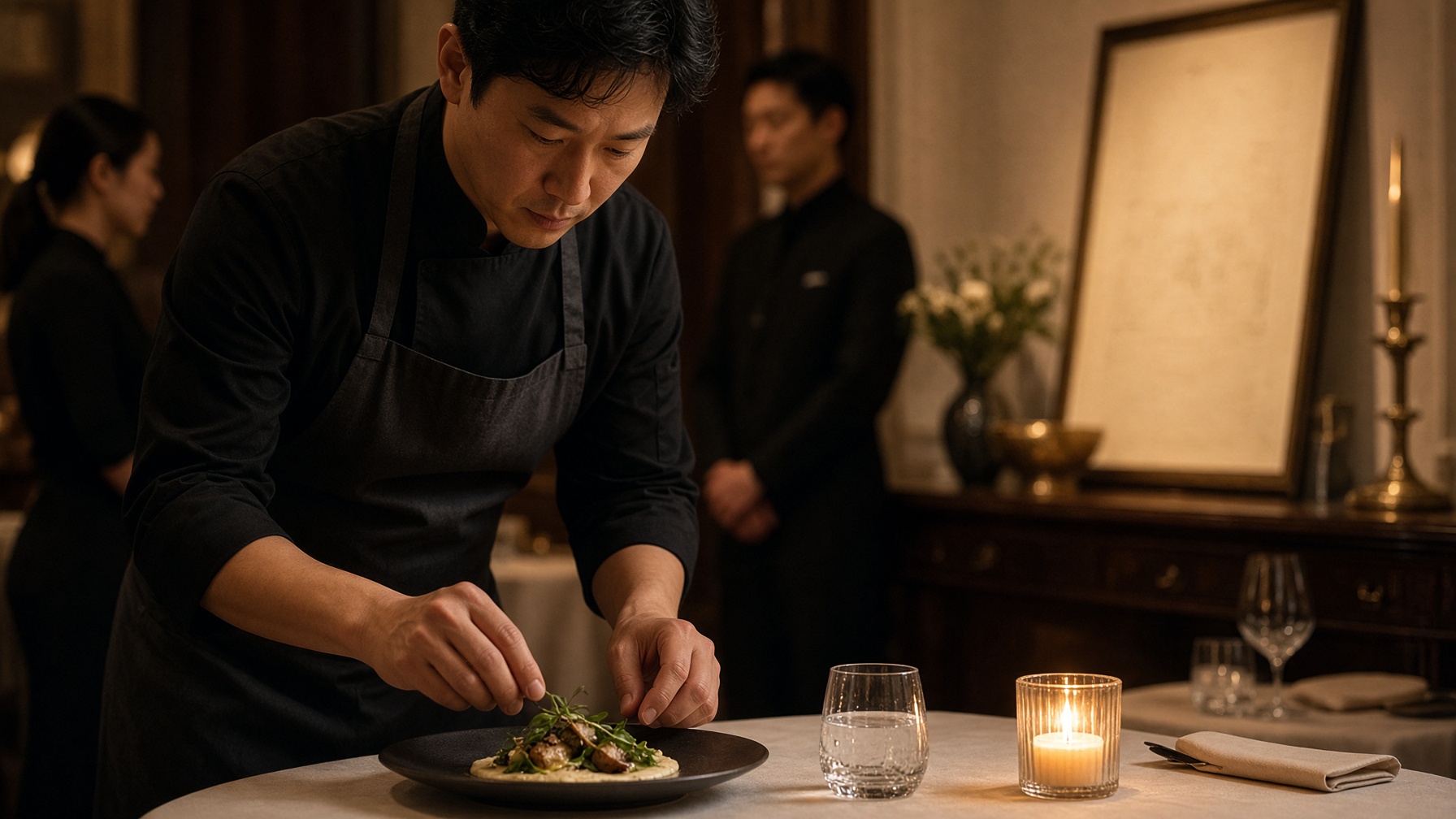 A chef plating in a calm, serious kitchen.