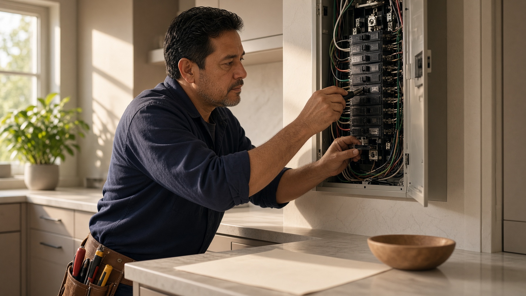 An electrician at a panel, work lights, a job in progress.