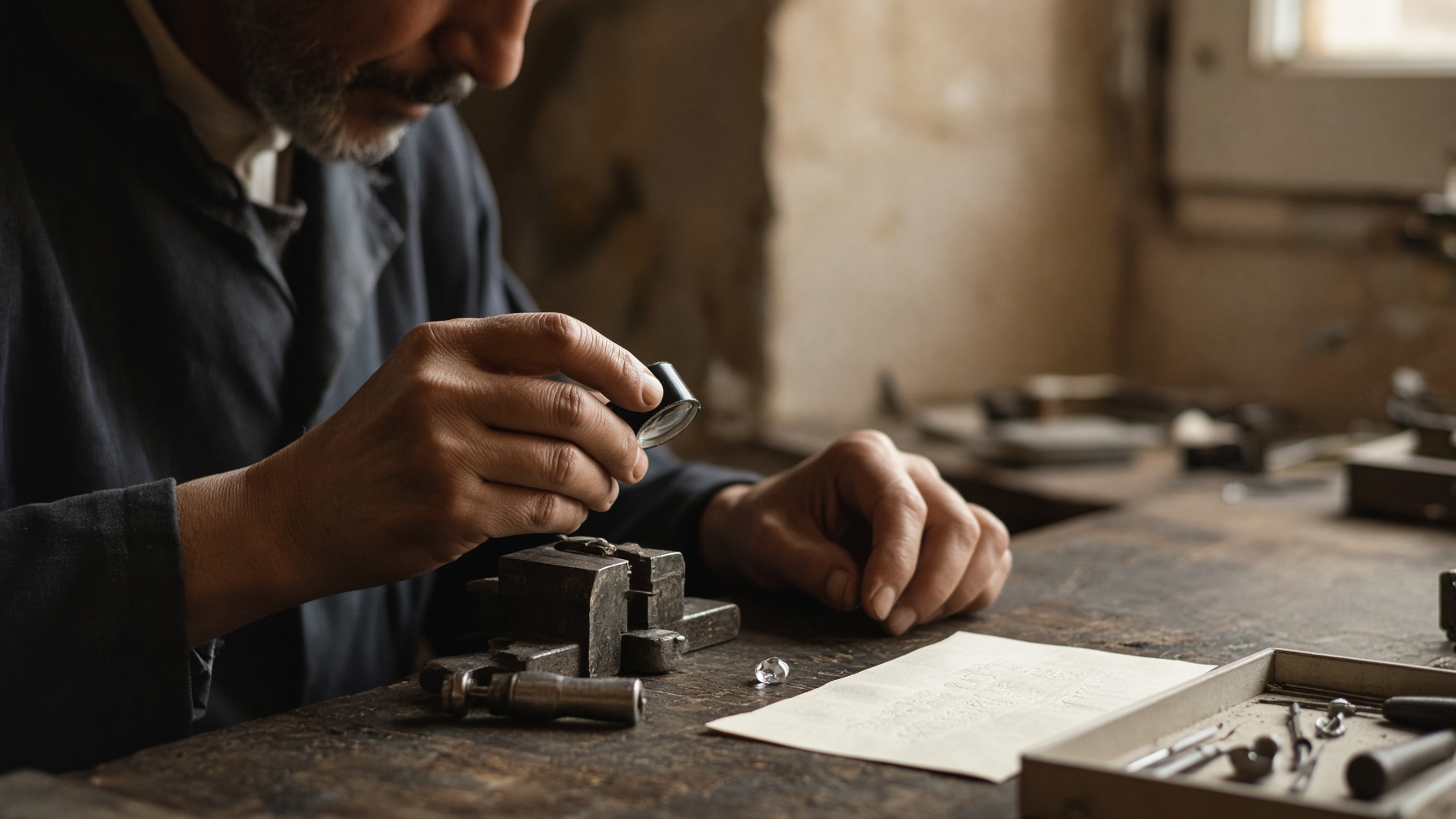 A jeweller at a bench, a commission taking shape under a lamp.